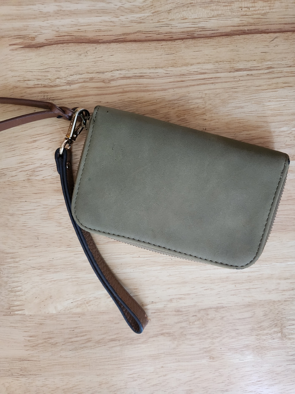 Olive Green Leather Wristlet Wallet with Brown Strap